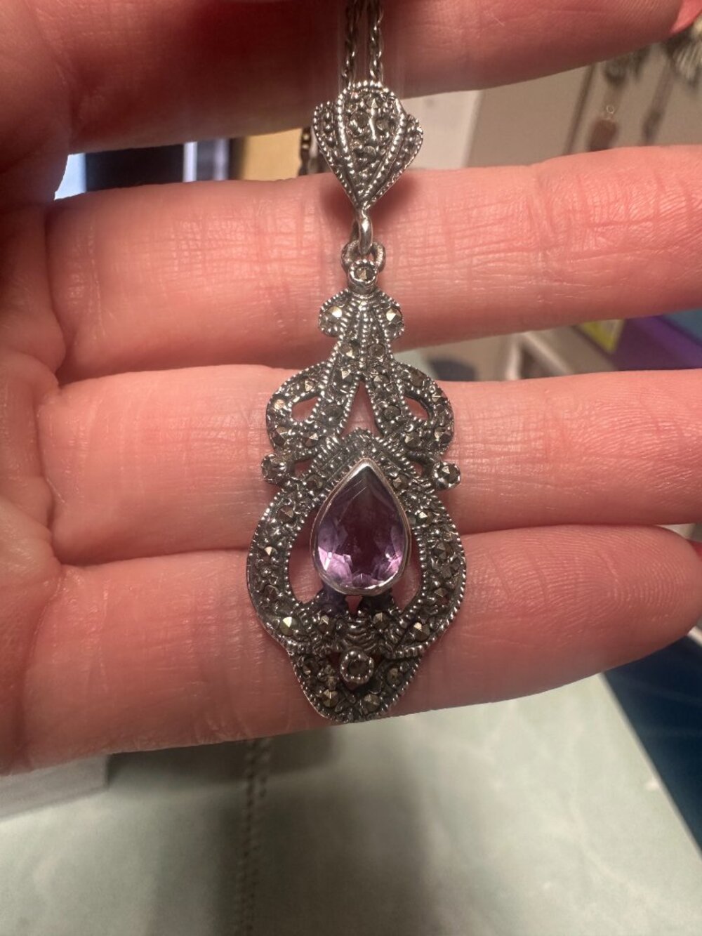 edwardian style marcasite & amethyst pendant necklace sterling silver